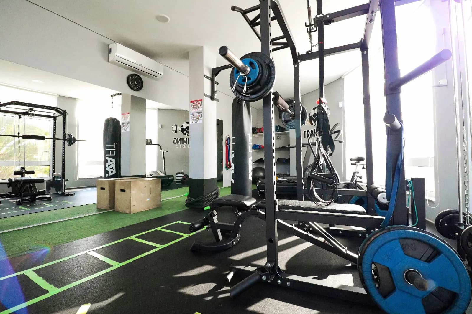 Zona de treino do estúdio com relva sintética, rack e discos